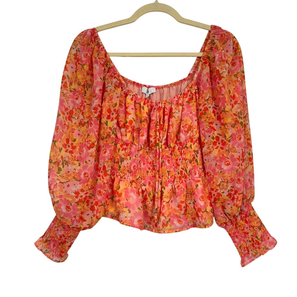 NSR Revolve Orange Floral Puff Sleeve Blouse Womens S Peasant Summer Coquette